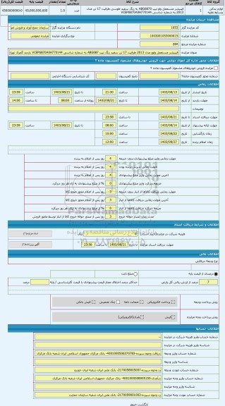 مزایده ، فینیشر مستعمل ولوو مدل 2013 ظرفیت 17 تن سفید رنگ تیپ ABG687 به شماره شاسی VCEP6870A0H770144 بازدید گمرک تهران قبض انبار