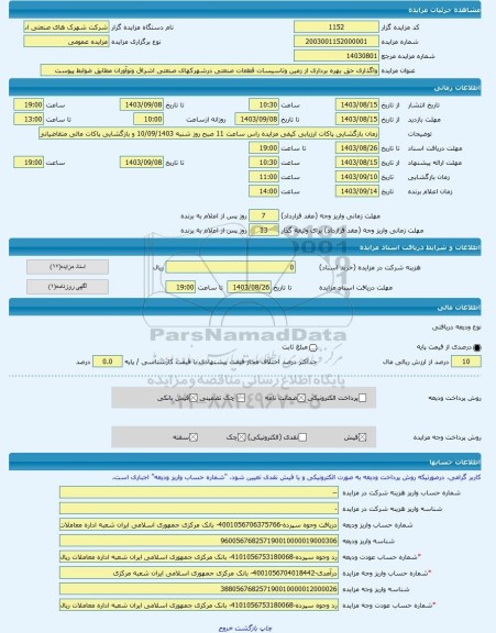 مزایده ، واگذاری حق بهره برداری از زمین وتاسیسات قطعات صنعتی درشهرکهای صنعتی اشراق ونوآوران مطابق ضوابط پیوست -مزایده زمین و مست