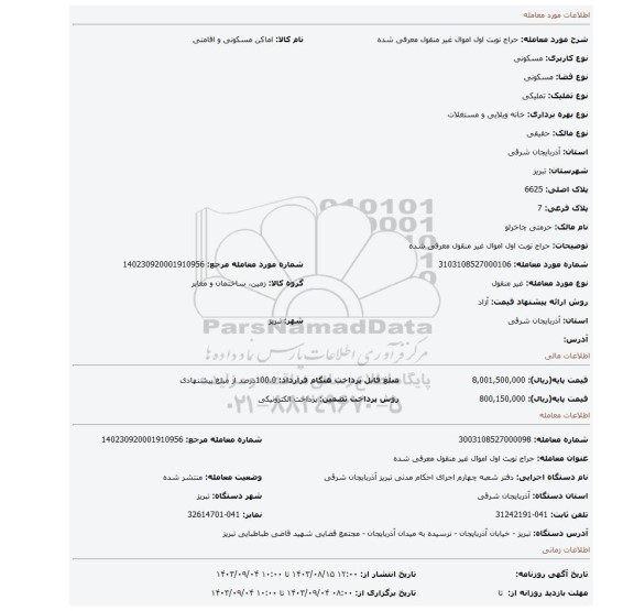 مزایده، حراج نوبت اول اموال غیر منقول معرفی شده