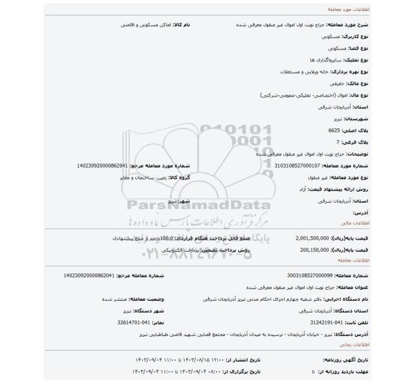 مزایده، حراج نوبت اول اموال غیر منقول معرفی شده