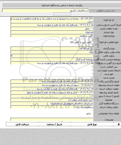 مناقصه, خرید پکیج پایش کیفی آب