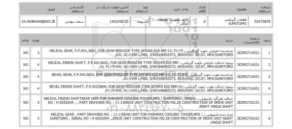 استعلام قطعات گیربکس SUMITOMO