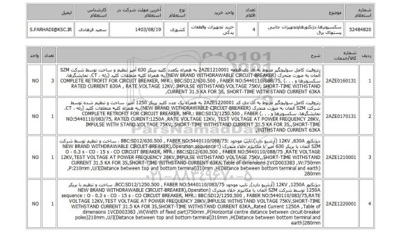 استعلام سکسیونرها،دژنکتورهاوتجهیزات جانبی پستهای برق