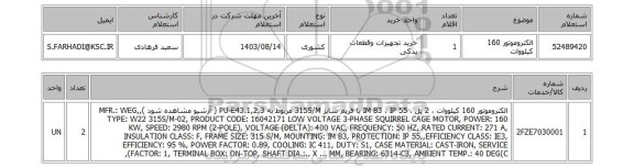 استعلام الکتروموتور 160 کیلووات