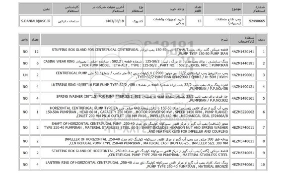 استعلام پمپ ها و متعلقات (پمپیران)