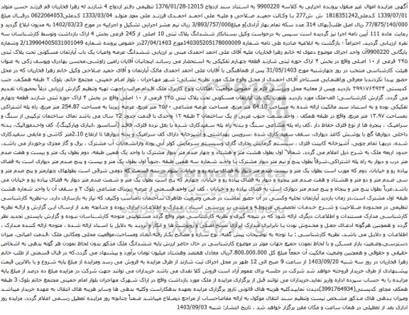 آگهی مزایده ششدانگ عرصه واعیان یک باب آپارتمان مسکونی تحت پلاک ثبتی ۲۴۵ فرعی از ۱۰ اصلی 