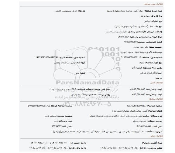 مزایده، آگهـی مـزایده امـوال منقول (خودرو)