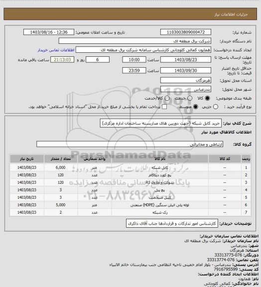 استعلام خرید کابل شبکه (جهت دوربین های مداربسته ساختمان اداره مرکزی)