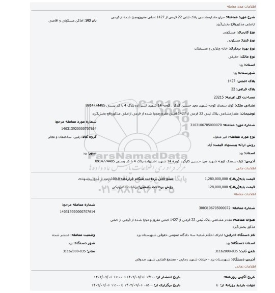 مزایده، مقدارمشاعی پلاک ثبتی 22 فرعی از 1427 اصلی مفروزومجزا شده از فرعی ازاصلی مذکورواقع بخش3یزد