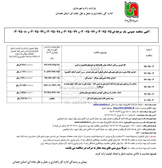 مناقصه لکه گیری و روکش آسفالت ...