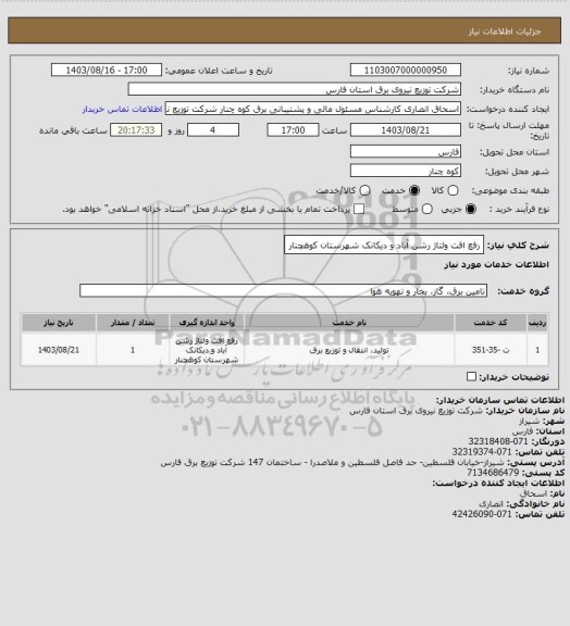 استعلام رفع افت ولتاژ رشن آباد و دیکانک شهرستان کوهچنار