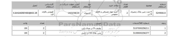 استعلام 4 عدد چین بلاک زنجیری 9 تن