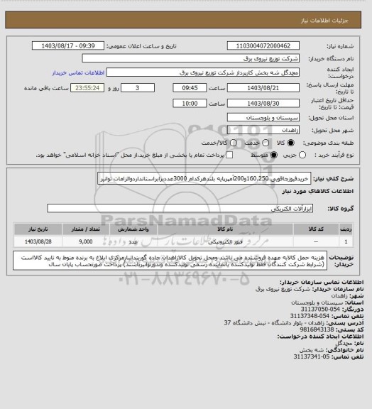 استعلام خریدفیوزچاقویی 160.250و200آمپرپایه بلندهرکدام 3000عددبرابراستانداردوالزامات توانیر