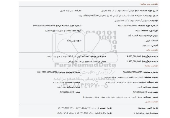 مزایده، فروش آب قنات نوران با آب چاه تلفیقی