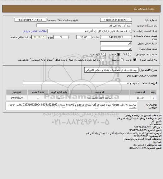 استعلام بهسازی چاه ارت تجهیزات ارتباط و علایم الکتریکی