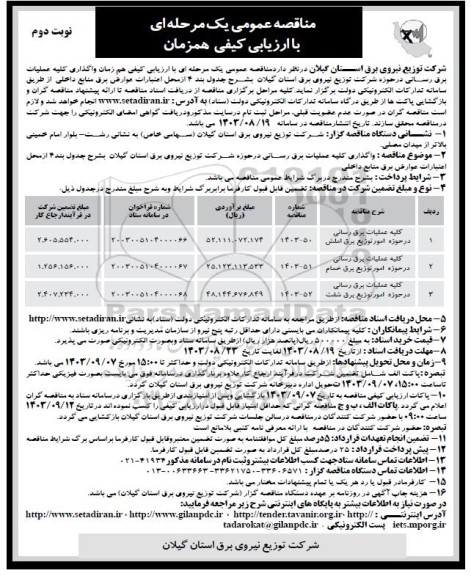 مناقصه کلیه عملیات برق رسانی در حوزه امور توزیع برق... - نوبت دوم