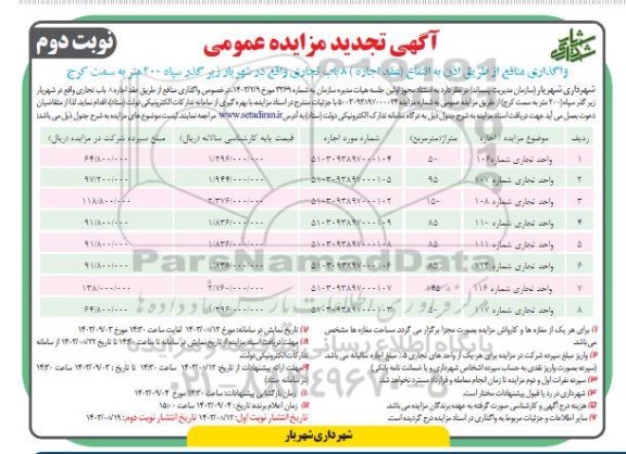 تجدید مزایده عمومی واگذاری منافع از طریق اذن به انتفاع (عقد اجاره) 8 باب تجاری- نوبت دوم