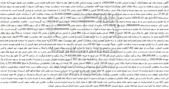 آگهی مزایده یکصدو نودو دو سهم مشاع از یک هزارو ششصدو سی دو سهم عرصه و اعیان پلاک ثبتی شماره 16118 فرعی از 3968 اصلی بخش 02