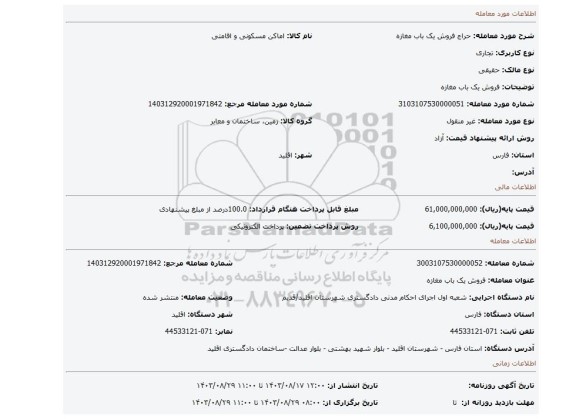 مزایده، فروش یک باب مغازه