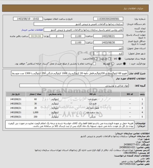 استعلام هویج 60 کیلوگرم،قارچ 30کیلوگرم،فلفل دلمه 20 کیلوگرم،پیاز 1000 کیلوگرم،نارنگی 250 کیلوگرم یا 1300 عدد متوسط