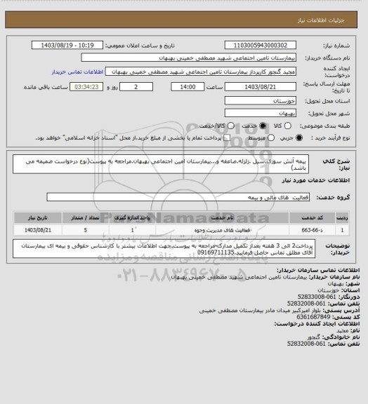 استعلام بیمه آتش سوزی.سیل .زلزله.صاعقه و...بیمارستان امین اجتماعی بهبهان.مراجعه به پیوست(نوع درخواست ضمیمه می باشد)