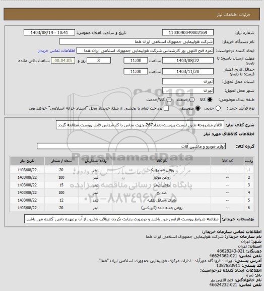 استعلام اقلام مشروحه طبق لیست پیوست،تعداد267،جهت تماس با کارشناس فایل پیوست مطالعه گردد