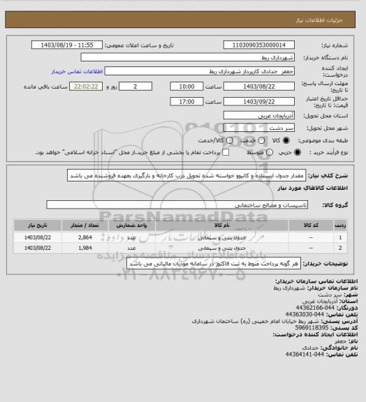 استعلام مقدار جدول ایستاده و کانیوو خواسته شده تحویل درب کارخانه و بارگیری بعهده فروشنده می باشد