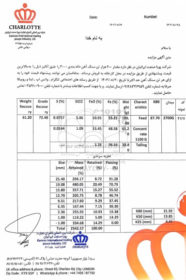 مزایده مقدار 200 هزار تن سنگ آهن دانه بندی 0 - 30 طبق آنالیز 