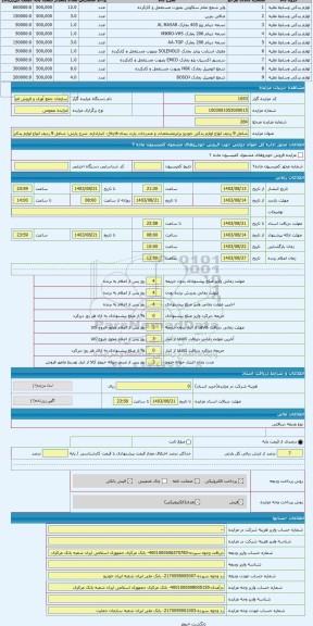 مزایده ، شامل 9 ردیف انواع لوازم یدکی خودرو برابرمشخصات و مندرجات پارت بندی-قاچاق- انباراداره