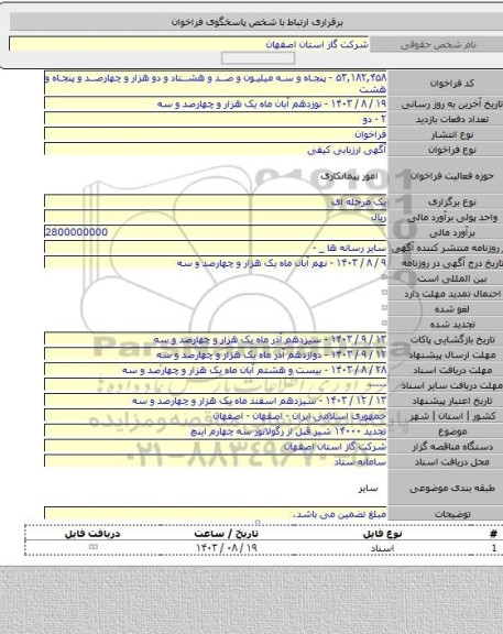 مناقصه, تجدید ۱۴۰۰۰ شیر قبل از رگولاتور سه چهارم اینچ