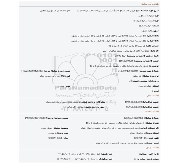 مزایده، فروش مال مشاع :6دانگ ملک در طبرسی 58 صاحب الزمان 8 و 10