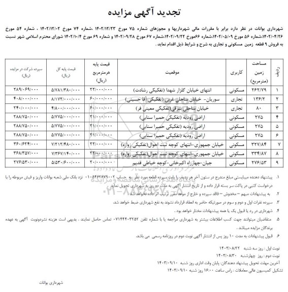 مزایده فروش 9 قطعه زمین مسکونی و تجاری