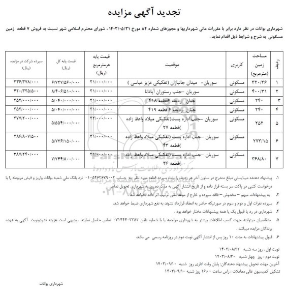 مزایده فروش 7 قطعه زمین مسکونی و تجاری