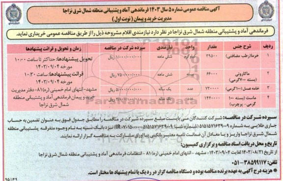 مناقصه خرید نیازمندی اقلام ...