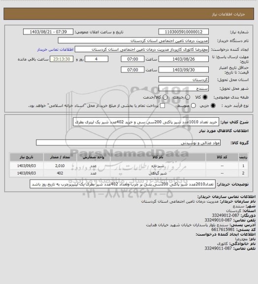 استعلام خرید تعداد 1010عدد شیر پاکتی 200سی سی و خرید 402عدد شیر یک لیتری بطری