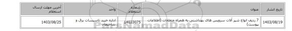 7 ردیف انواع شیر آلات سرویس های بهداشتی به همراه متعلقات (اطلاعات پیوست)