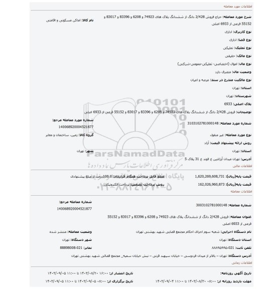 مزایده،  فروش   2/428 دانگ از ششدانگ پلاک های  74923 و 6208 و 83396 و 83017 و 55152  فرعی از 6933 اصلی