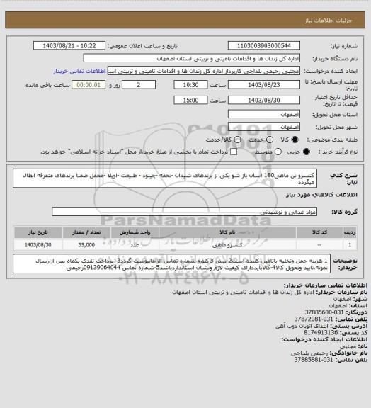 استعلام کنسرو تن ماهی180 اسان باز شو یکی از برندهای شیدان -تحفه -چینود - طبیعت -اویلا -محفل ضمنا برندهای متفرقه ابطال میگردد