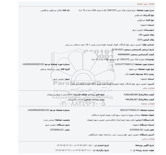 مزایده، مزایده پلاک ثبتی 159/1075 کلا به میزان 4.66 حبه از 72 حبه