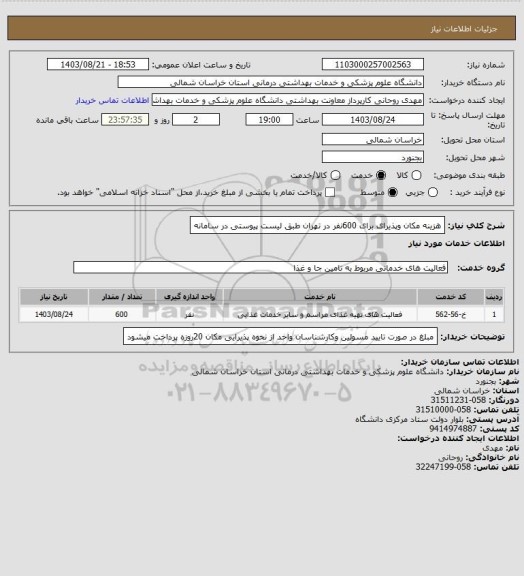 استعلام هزینه مکان وپذیرای برای 600نفر در تهران طبق لیست پیوستی در سامانه