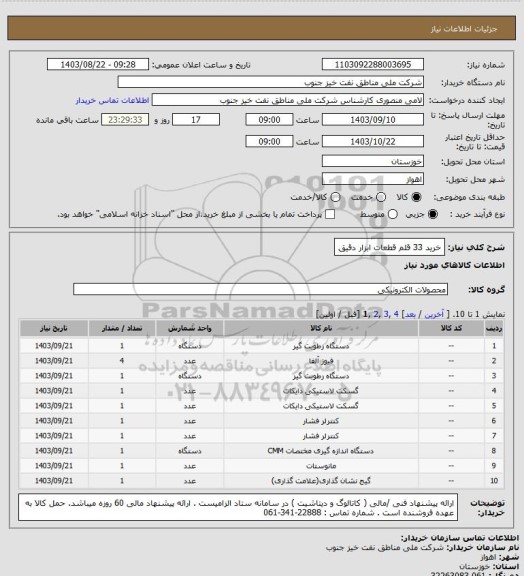 استعلام خرید 33 قلم قطعات ابزار دقیق