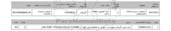 استعلام تجهیزات سیستم های هیدرولیکی