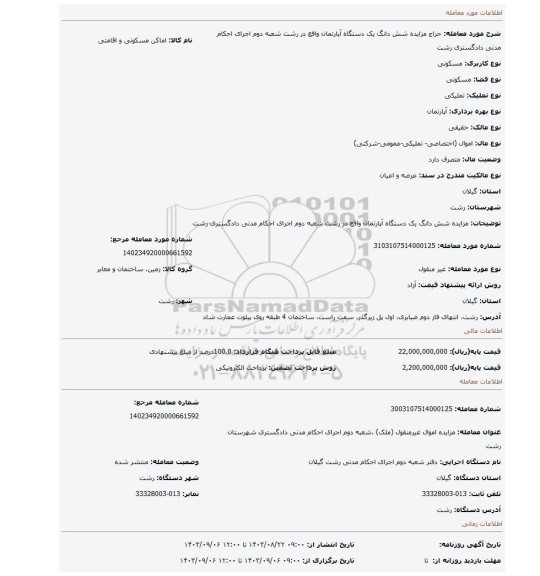 مزایده، مزایده شش دانگ یک دستگاه آپارتمان واقع در رشت شعبه دوم اجرای احکام مدنی دادگستری رشت