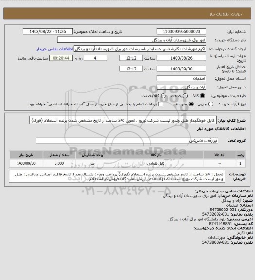 استعلام کابل خودنگهدار طبق وندور لیست شرکت توزیع ، تحویل :24 ساعت از تاریخ مشخص شدن برنده استعلام (فوری)