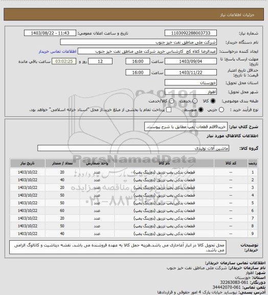 استعلام خرید9قلم قطعات پمپ مطابق با شرح پیوست.