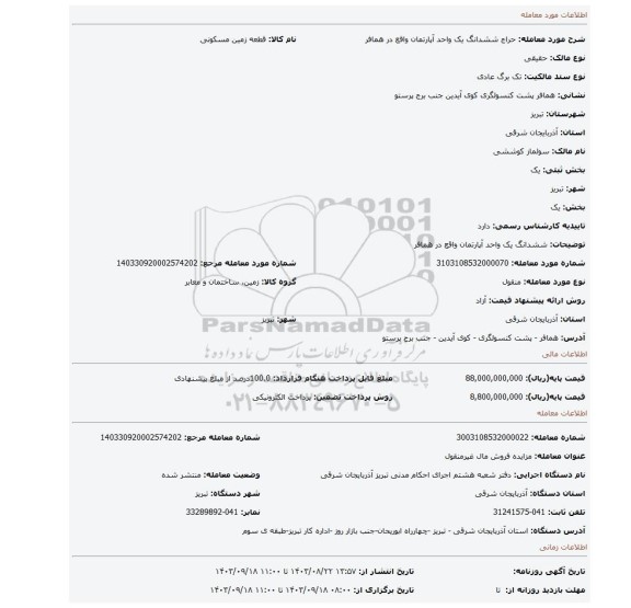 مزایده، ششدانگ یک واحد آپارتمان واقع در همافر