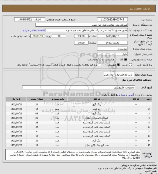 استعلام خرید 20 قلم لوازم ابزار دقیق