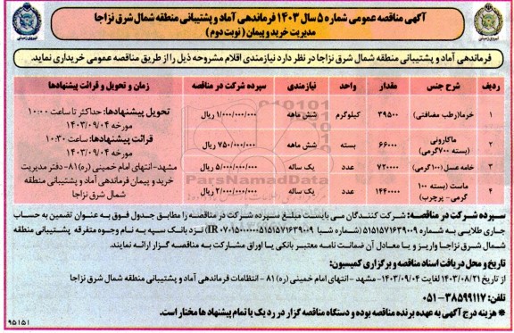 مناقصه خرید نیازمندی اقلام ... نوبت دوم 