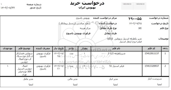 استعلام شیر یکطرفه استیل سوپاپی 2- 1.2 فیتلر خروج از بغل استیل