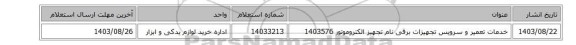 خدمات تعمیر و سرویس تجهیزات برقی نام تجهیز ‎الکتروموتور‏ 1403576